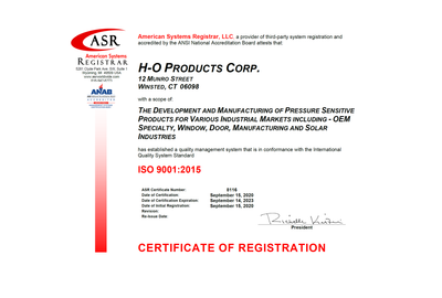 H-O Products Announces ISO 9001:2015 Certification